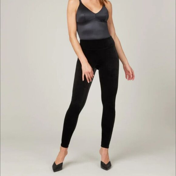 Spanx Velvet Velour High Waistband Compression Black Casual Leggins Size L - Picture 1 of 15